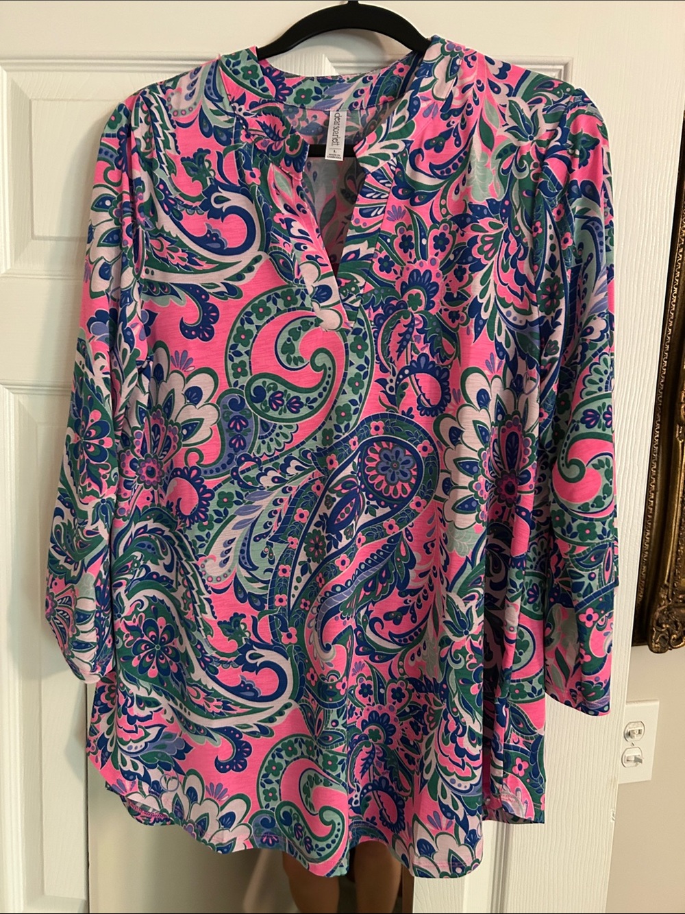Pink Paisley V-Neck Tunic with Blue & Green Accents